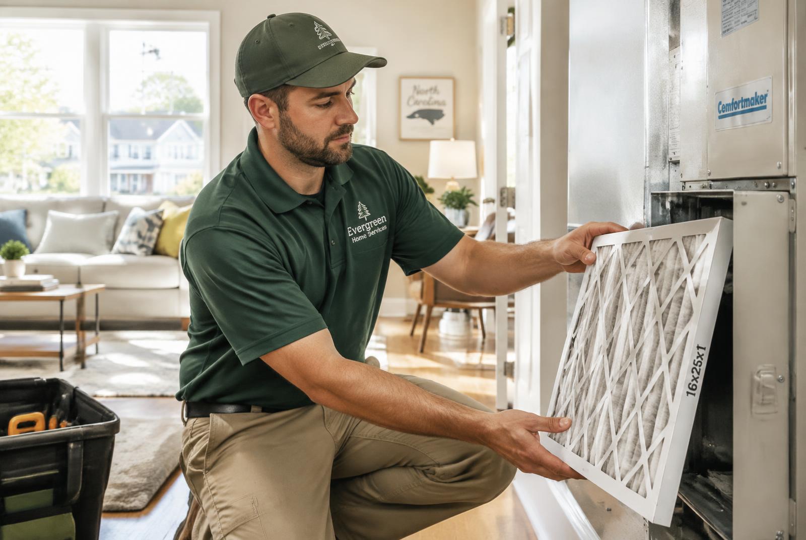 Technician replacing a home air filter