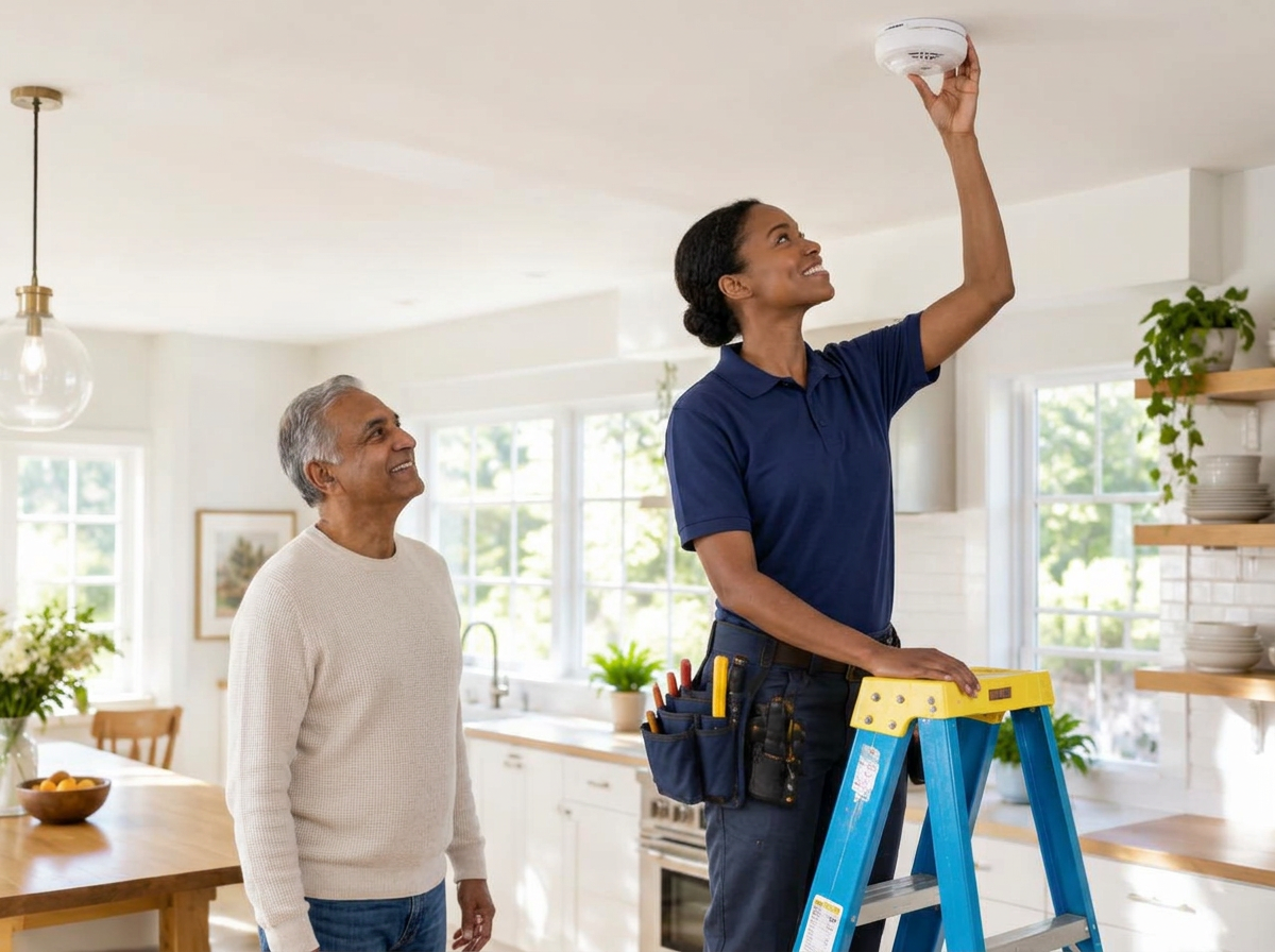 Technician testing a kitchen smoke detector